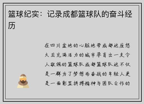篮球纪实：记录成都篮球队的奋斗经历